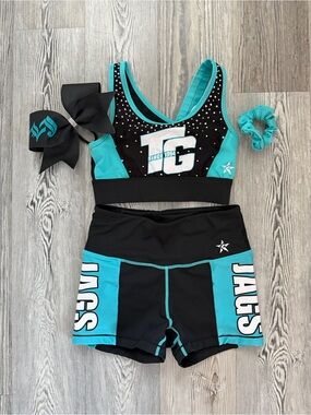 Rebel Athletic teal hotshots practice set with matching LJ bow and scrunchie.
